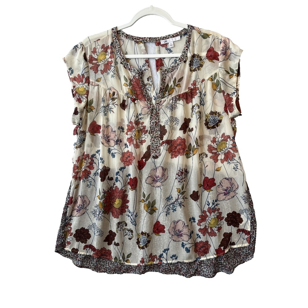 DR2 Sheer Floral Cap Sleeve Cutout Back Tunic Hi Lo Flowy Blouse Women's XL Boho